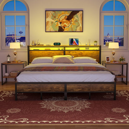 Cadre de lit plateforme en bois de style ferme avec station de charge et lumières LED