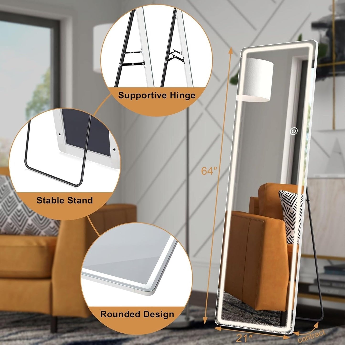 Miroir de sol avec éclairage LED, 64 x 21, miroir pleine longueur avec support, miroir suspendu, miroir mural, miroir intégral