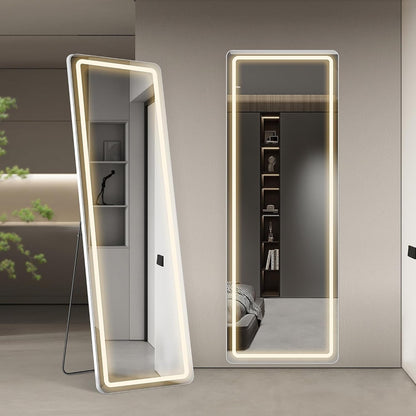Miroir de sol avec éclairage LED, 64 x 21, miroir pleine longueur avec support, miroir suspendu, miroir mural, miroir intégral