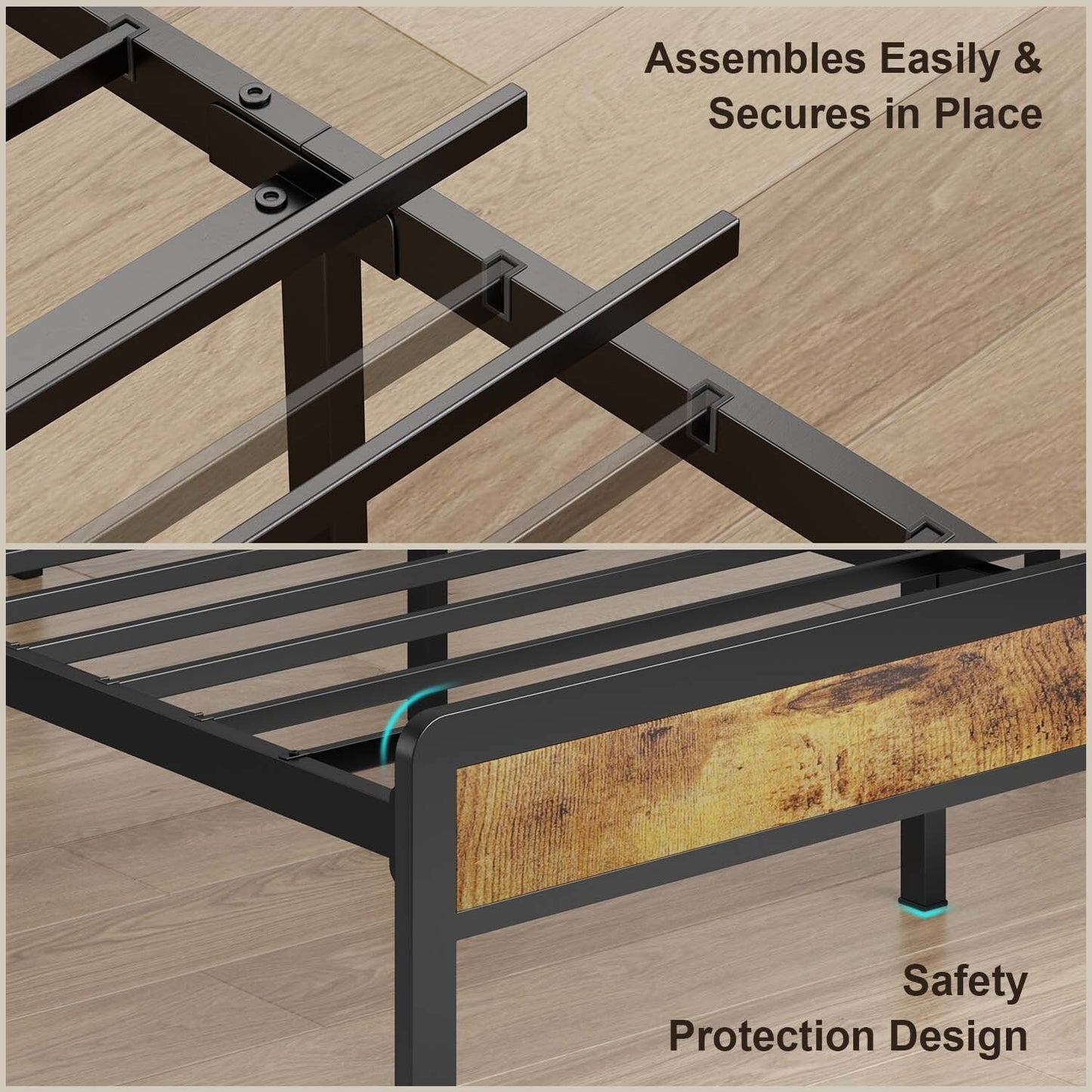 Cadre de lit plateforme en métal pour lit simple, double, queen ou king size avec tête de lit rembourrée et rangement