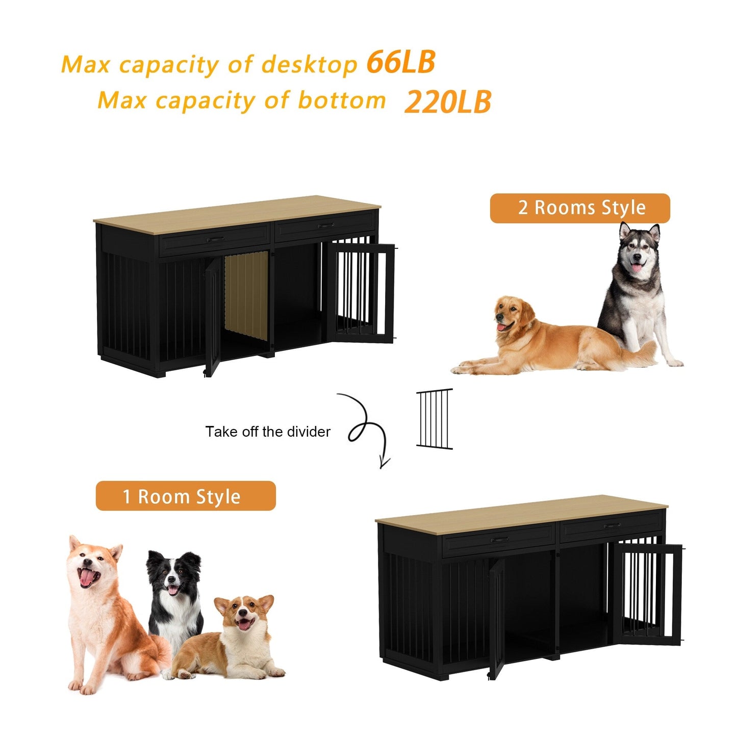 Cage pour chien de style meuble, niche en bois de 64,5 pouces pour grand chien