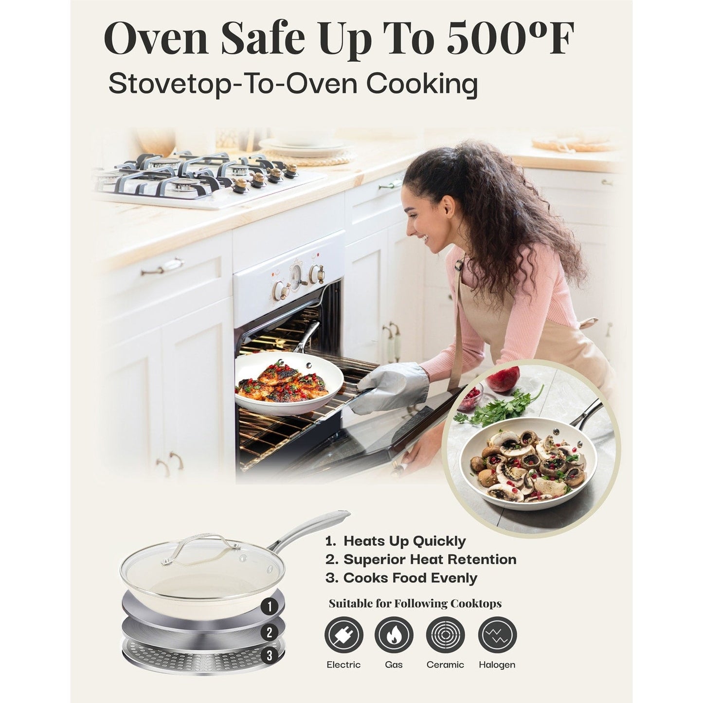 Batterie de cuisine Gotham Steel Cream 12 pièces, casseroles et poêles, en céramique ultra antiadhésive avec poignées isolantes