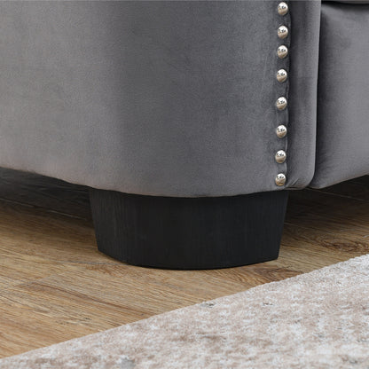 Canapé 2 places en velours gris moderne de 59 po avec dossier capitonné et accoudoirs cloutés