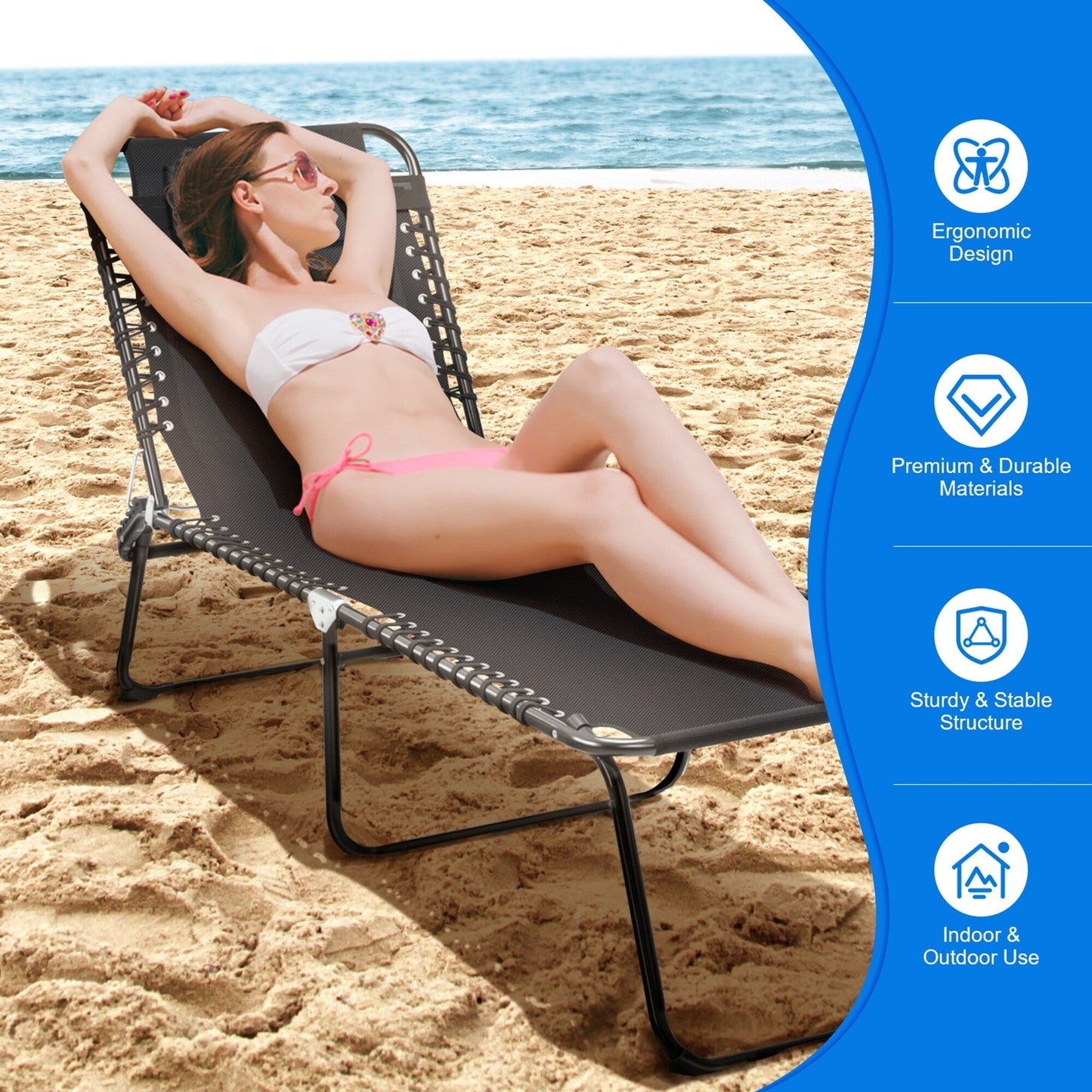 Chaise longue de plage pliante Gymax avec oreiller, 4 niveaux