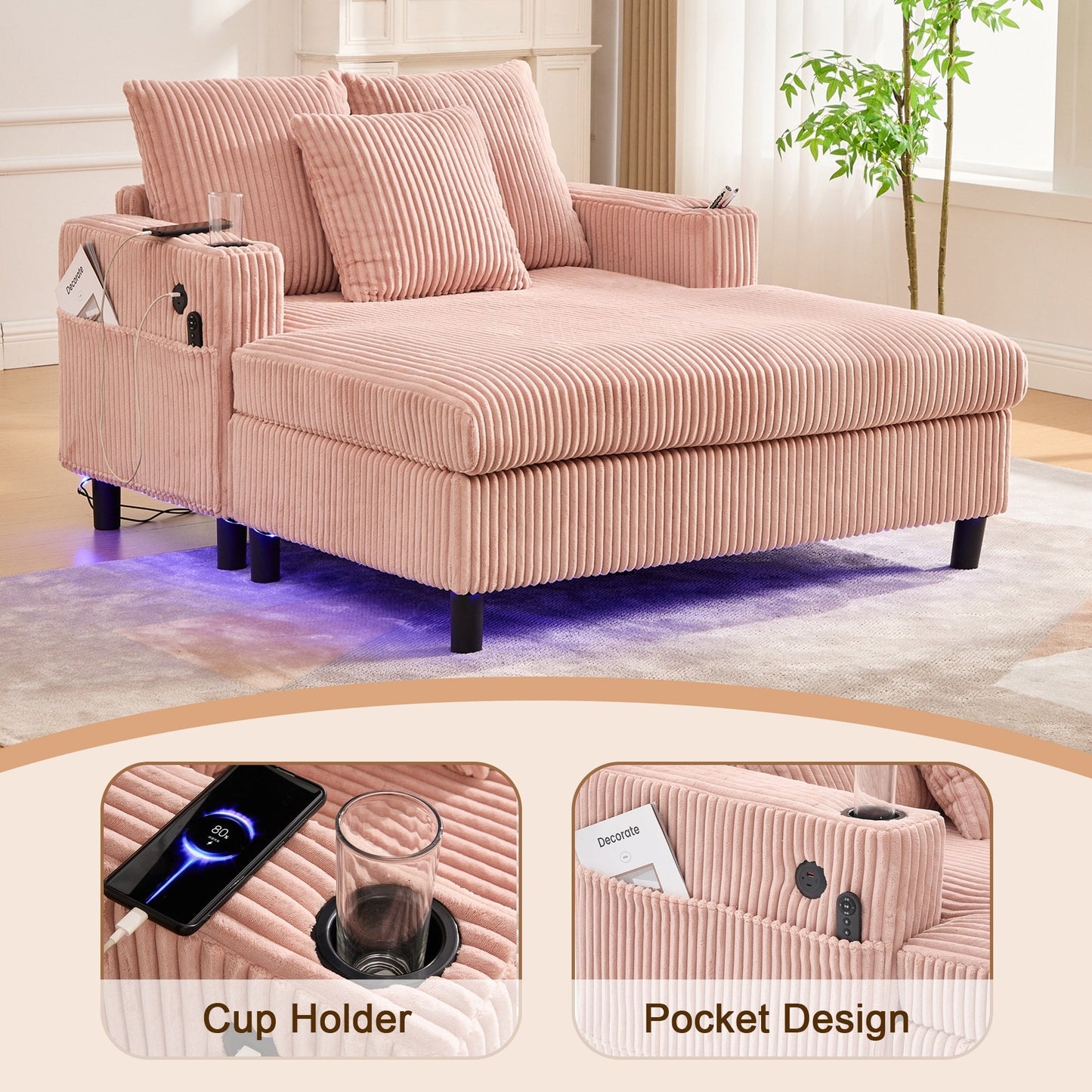 Canapé-lit inclinable surdimensionné HOMEFUN en velours côtelé avec éclairage LED RVB, porte-gobelet, port USB et 3 oreillers