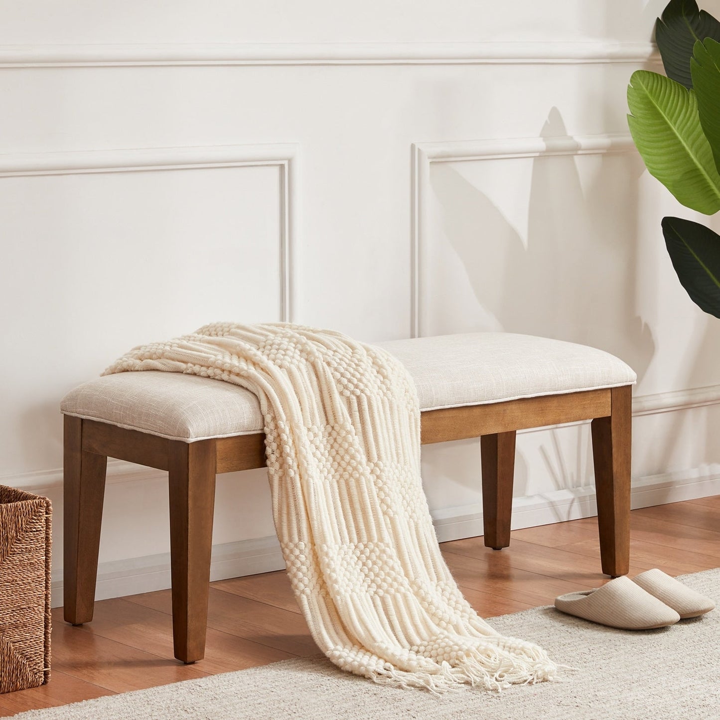 Banc d'entrée rembourré en tissu, banc de chambre pour bout de lit beige, bois massif 44 pouces