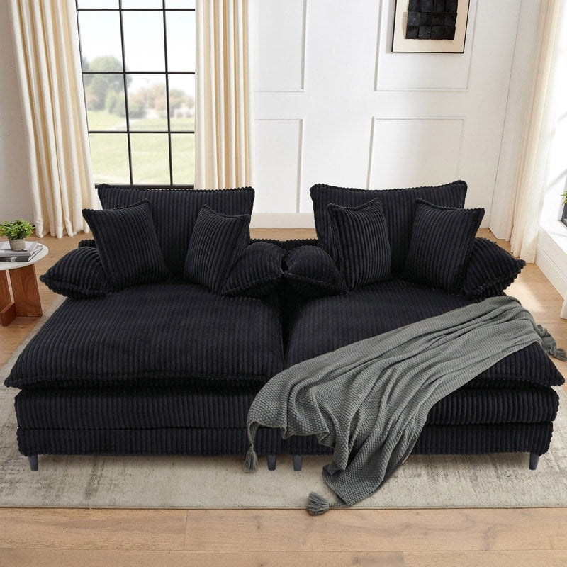 Canapé-lit Harmonia 109 W surdimensionné en velours côtelé, siège profond, double méridienne avec 4 oreillers