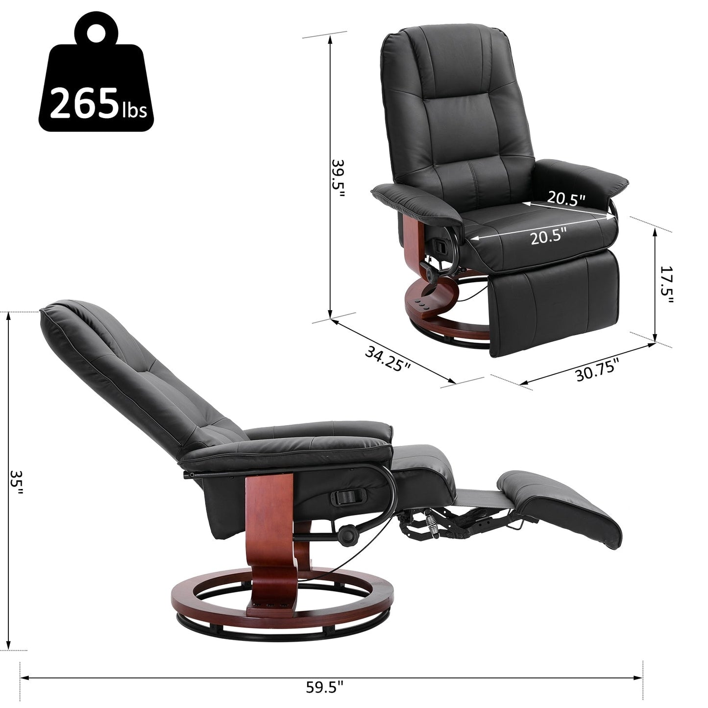 Fauteuil inclinable pivotant manuel réglable en similicuir HomCom avec repose-pieds confortable et relaxant