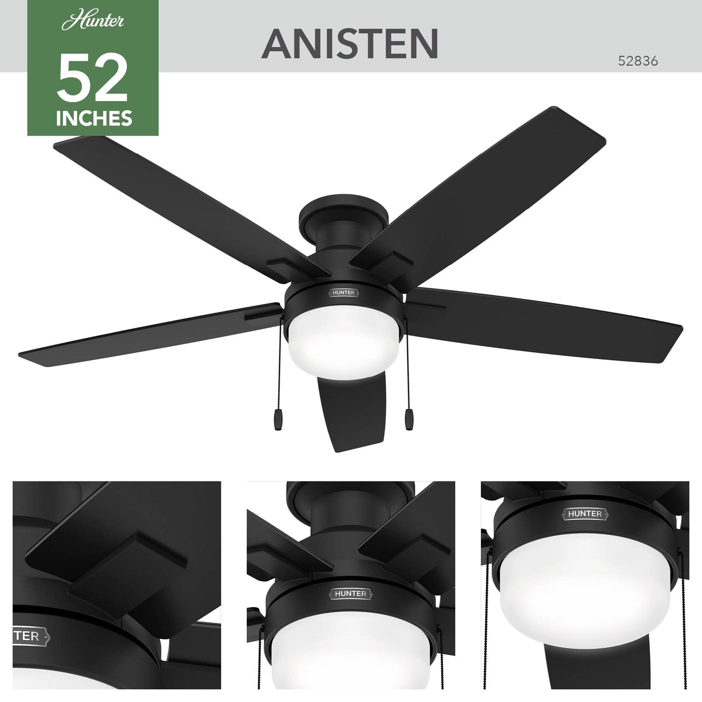 Ventilateur de plafond à profil bas Hunter 52 Anisten avec éclairage LED et chaînette - Moderne, contemporain, transitionnel