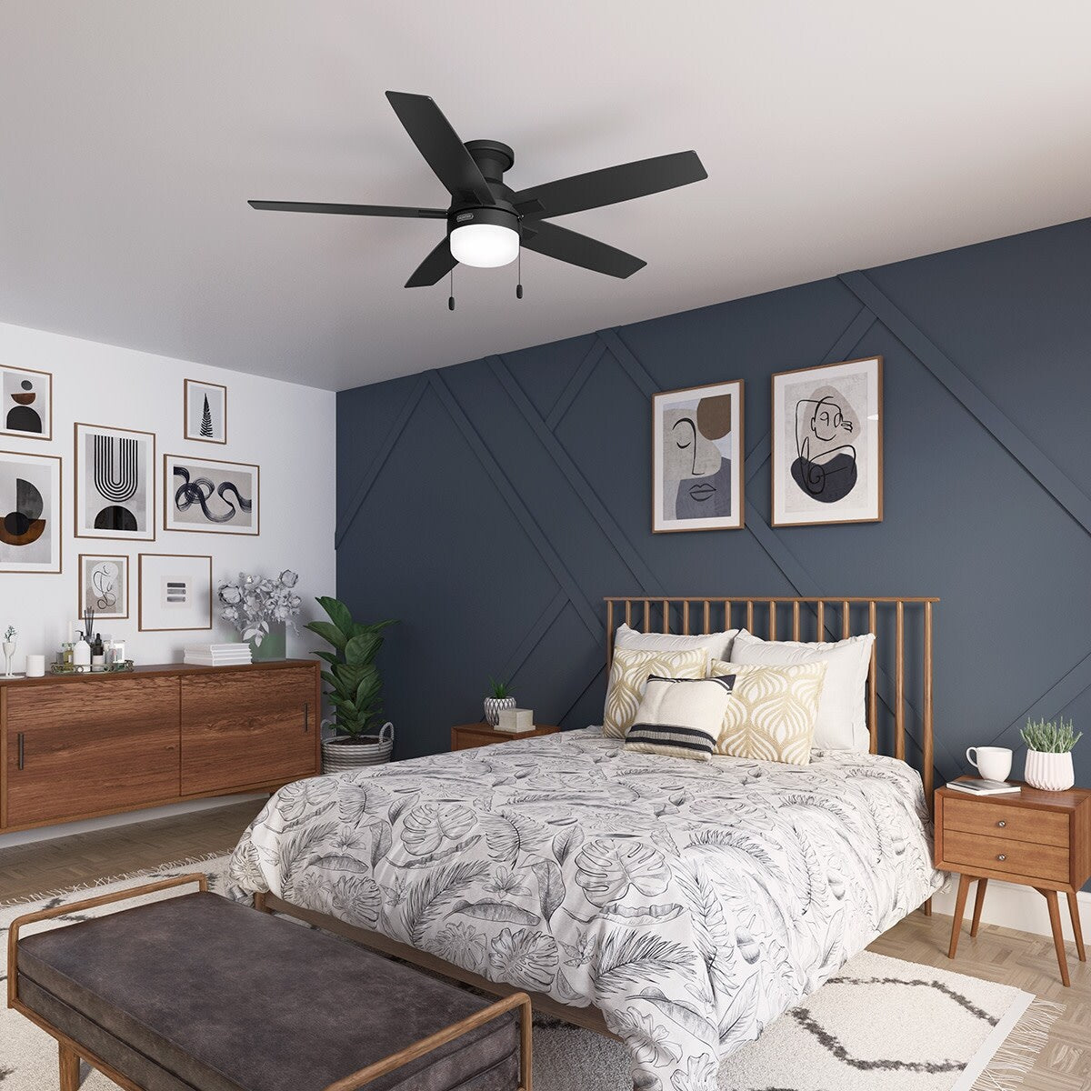 Ventilateur de plafond à profil bas Hunter 52 Anisten avec éclairage LED et chaînette - Moderne, contemporain, transitionnel