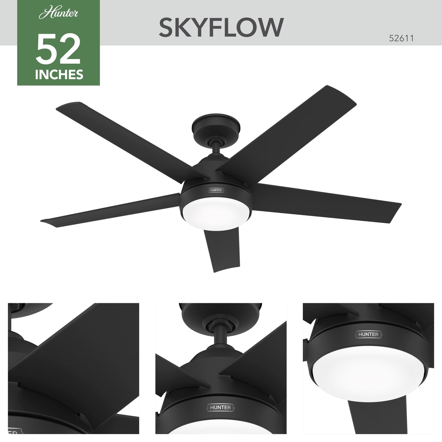 Ventilateur de plafond extérieur Hunter 52 Skyflow avec kit d'éclairage LED, commande murale - Côtier moderne contemporain - WeatherMax - CLASSÉ HUMIDE !