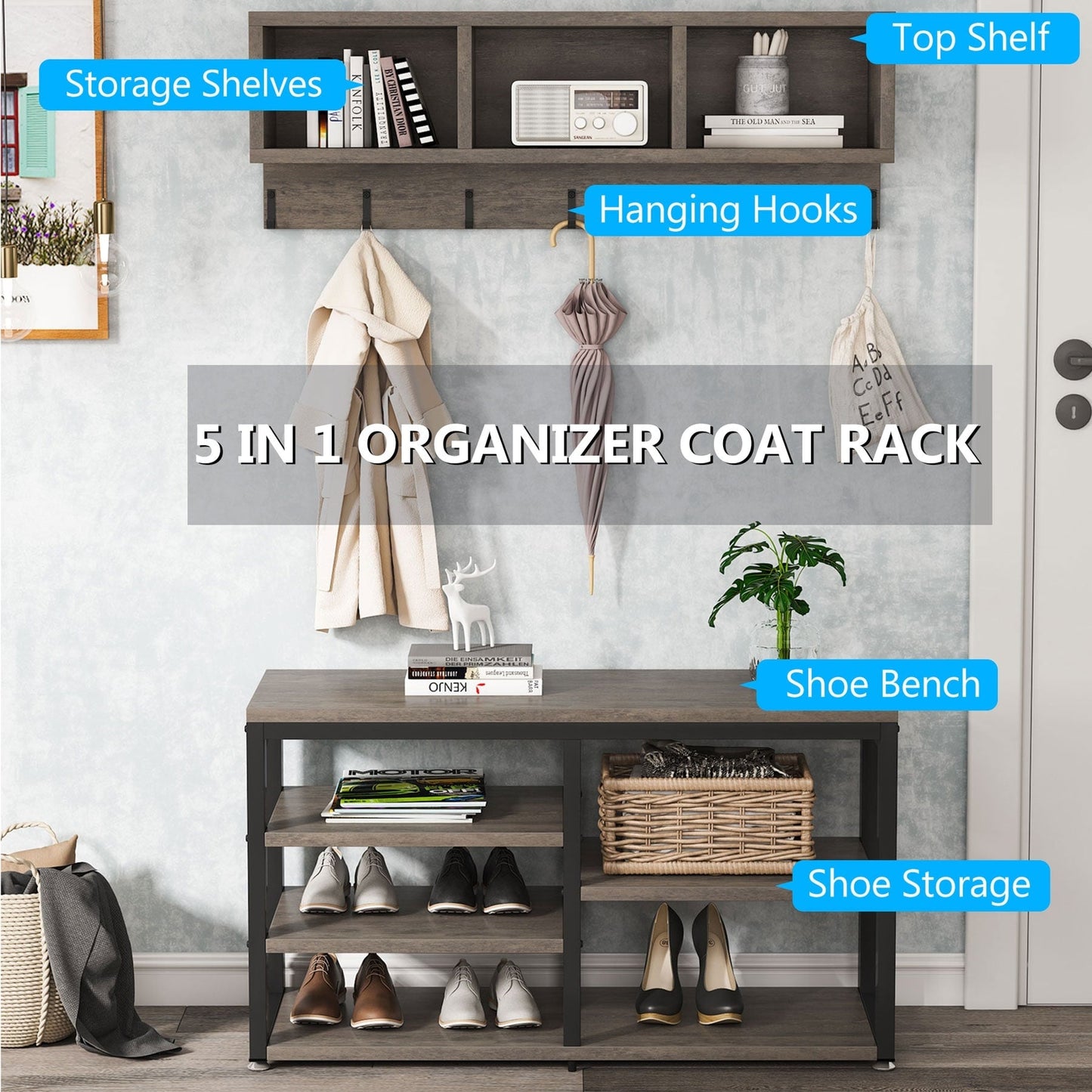Ensemble de porte-manteaux et de bancs à chaussures pour entrée, porte-manteaux et porte-chaussures de style industriel