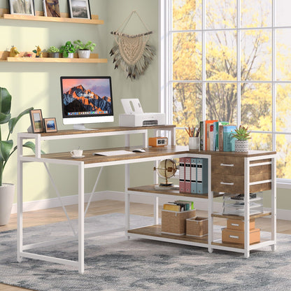 Bureau en L avec tiroir, bureau d'angle avec étagères de rangement et support d'écran, bureau PC rustique pour petits espaces