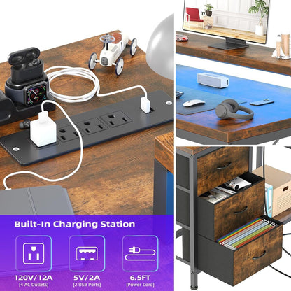 Bureau en L avec prises de courant et lumières LED