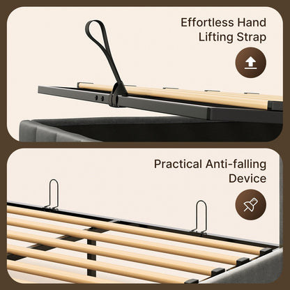 Cadre de lit relevable avec rangement, cadre de lit plateforme rembourré avec système de rangement hydraulique et tête de lit
