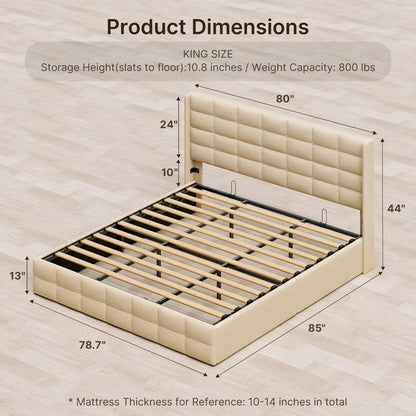 Cadre de lit relevable avec rangement, cadre de lit plateforme rembourré avec système de rangement hydraulique et tête de lit
