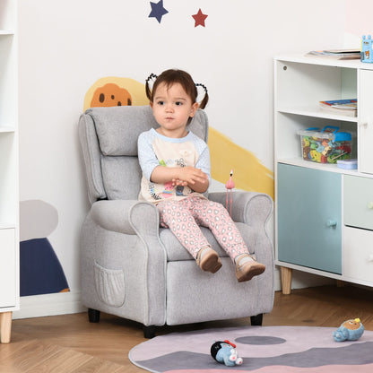 Fauteuil inclinable manuel rembourré gris clair pour enfants de 3 à 5 ans avec repose-pieds et 2 poches latérales