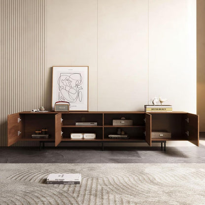 Meuble TV moderne du milieu du siècle avec 4 portes et rangements, compatible avec les téléviseurs jusqu'à 100 pouces, idéal pour le salon