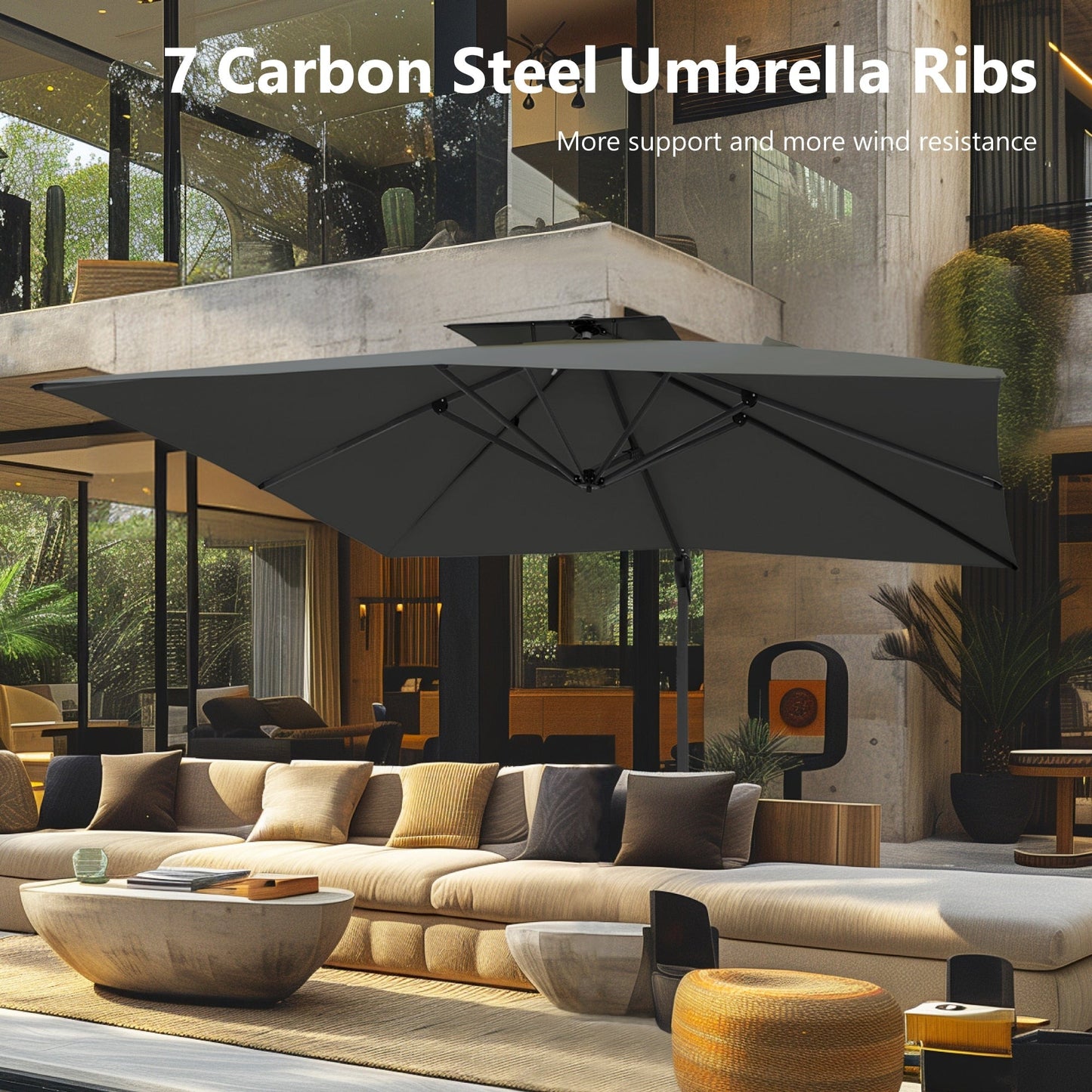 MAISON ARTS Parasol déporté hydraulique automatique de 12 pieds avec mât en aluminium et rotation à 360 degrés