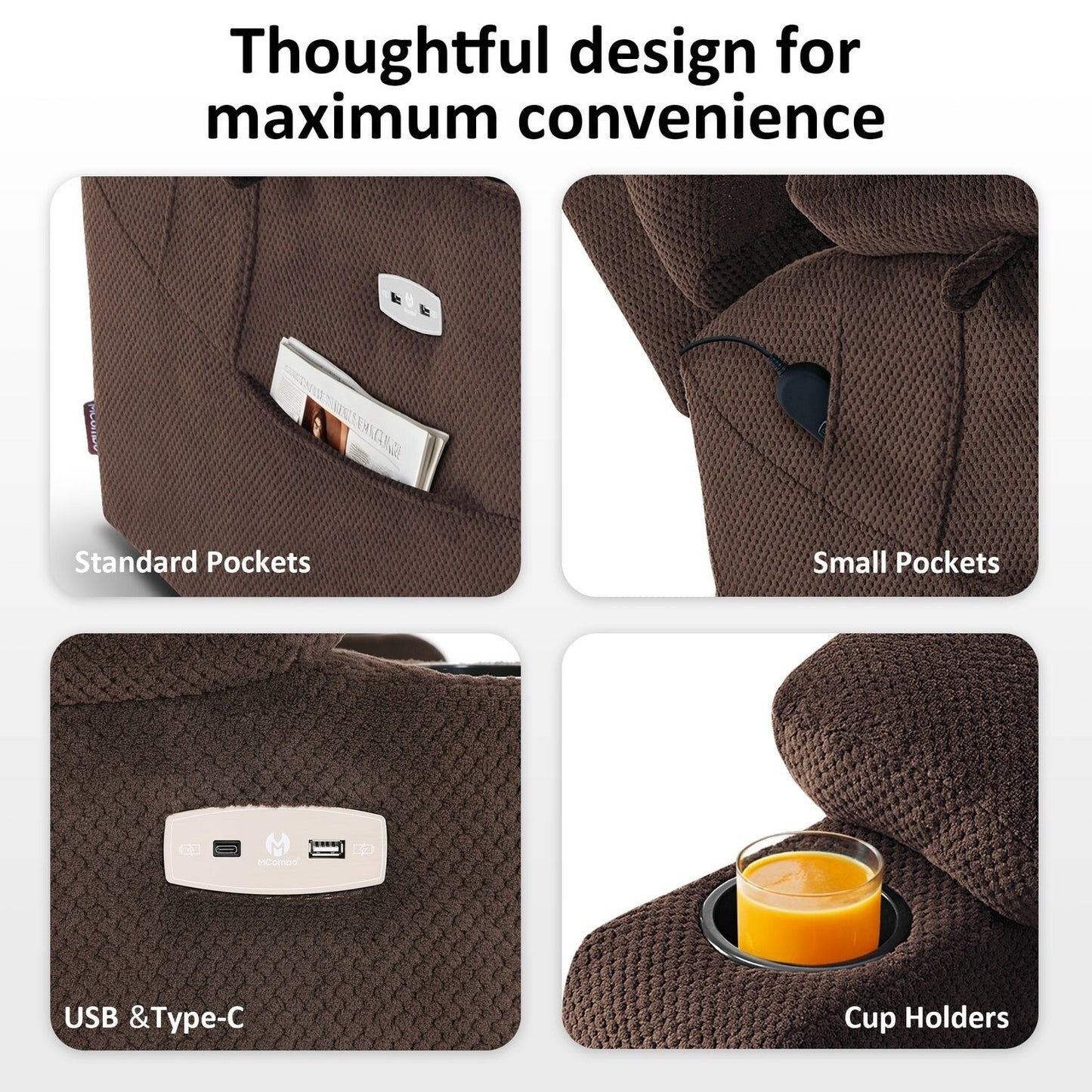 Fauteuil inclinable électrique à double moteur MCombo, grand format, avec massage et double chauffage, pour personnes âgées de grande taille, tissu R7635