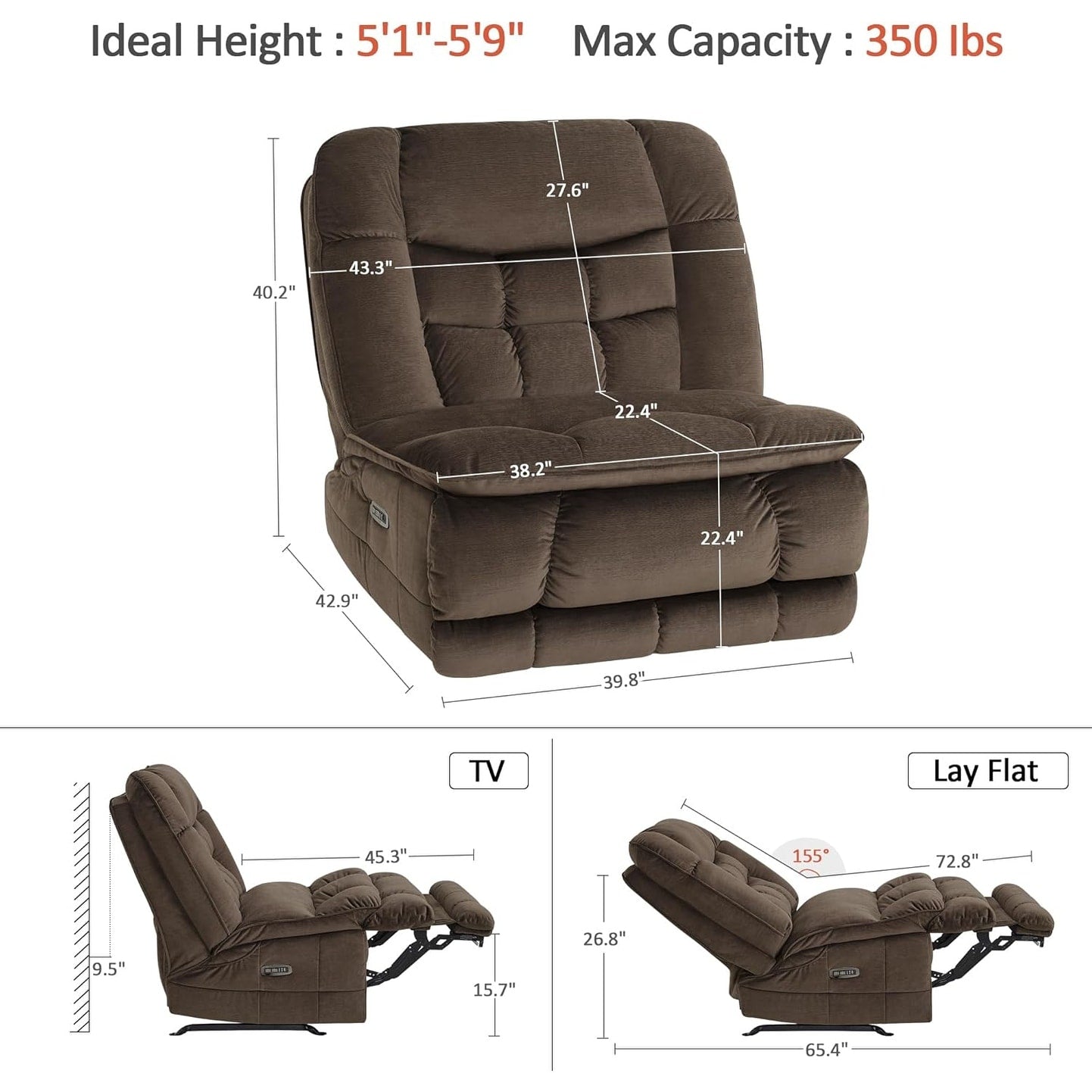 Fauteuil inclinable à bascule électrique surdimensionné MCombo à double moteur, sans accoudoirs, idéal pour le salon, tissu PR607