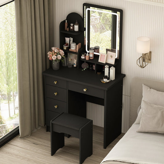 Coiffeuse avec table et tabouret, miroir et éclairage LED