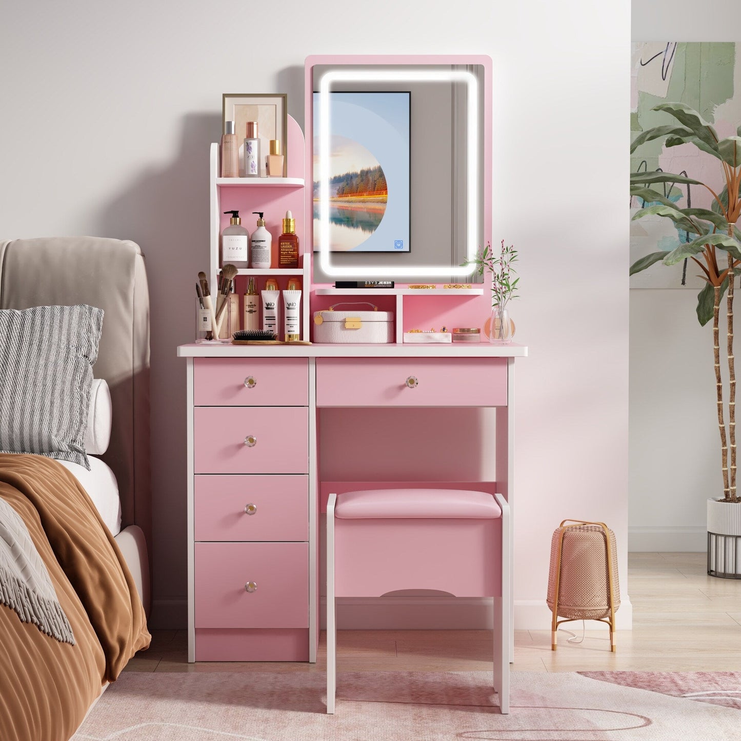 Coiffeuse avec table et tabouret, miroir et éclairage LED