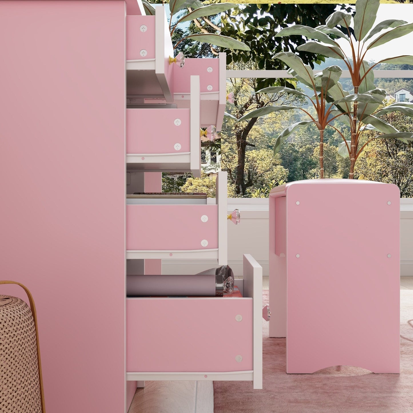 Coiffeuse avec table et tabouret, miroir et éclairage LED