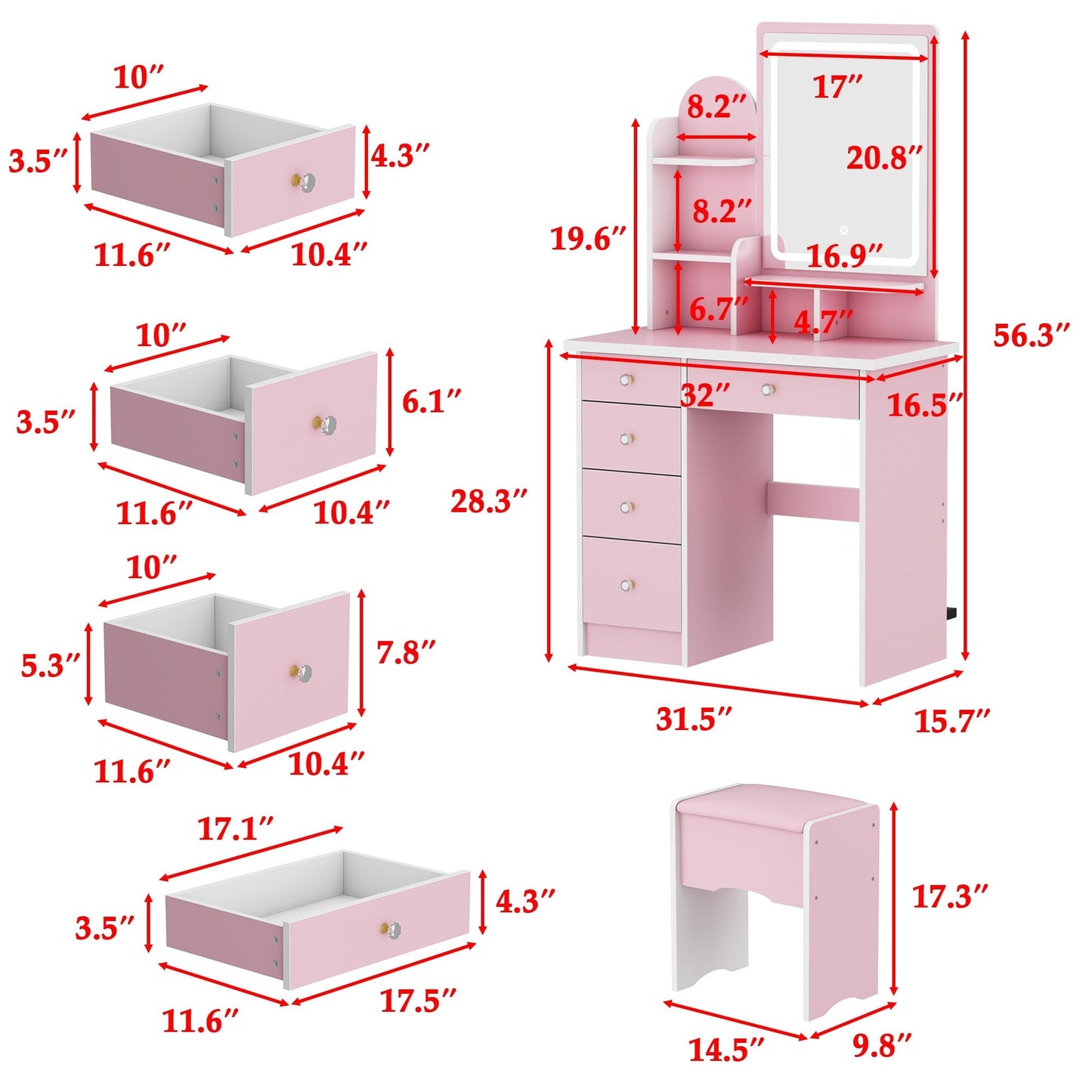 Coiffeuse avec table et tabouret, miroir et éclairage LED