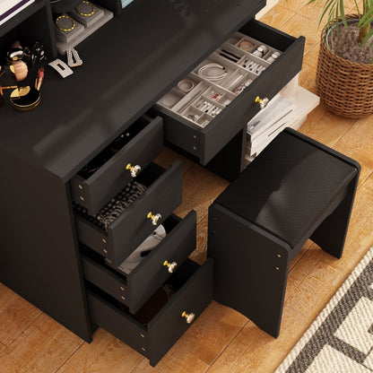 Coiffeuse avec table et tabouret, miroir et éclairage LED