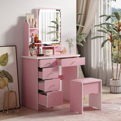 Coiffeuse avec table et tabouret, miroir et éclairage LED