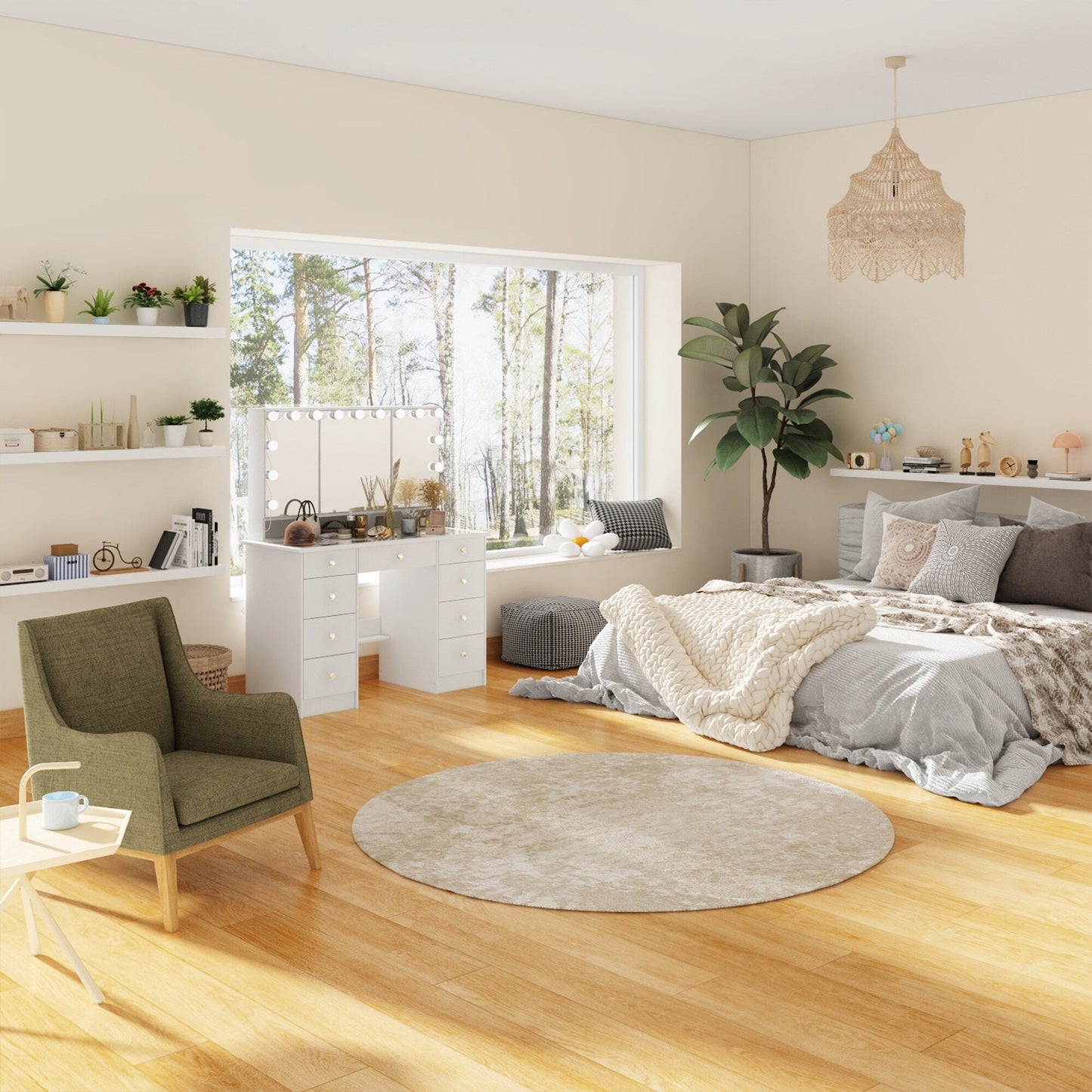 Coiffeuse avec miroir à trois volets et éclairage certifié, plateau en verre