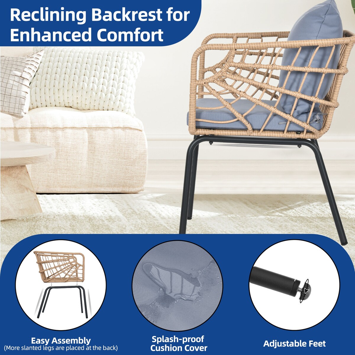 Ensemble de bistrot d'extérieur en osier Moasis 3 pièces avec 2 chaises et table basse