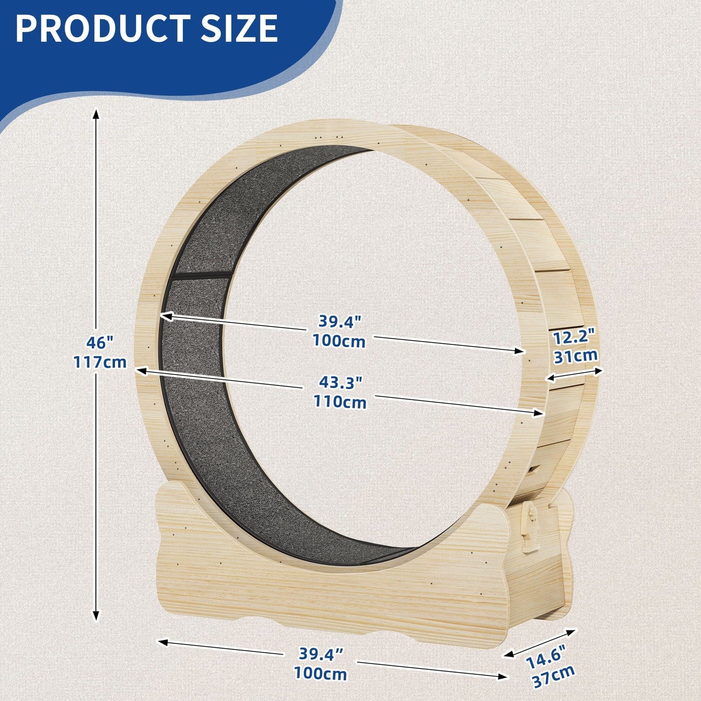 Moasis 43,3 pouces Grand tapis de course en bois pour chat avec roue d'exercice et piste recouverte de moquette