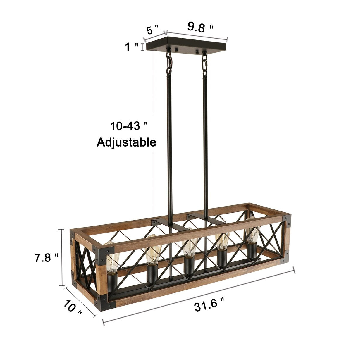 Lustre rectangulaire en bois à 5 lumières de style ferme moderne pour salle à manger - 31,6 L x 10 l x 7,8 H