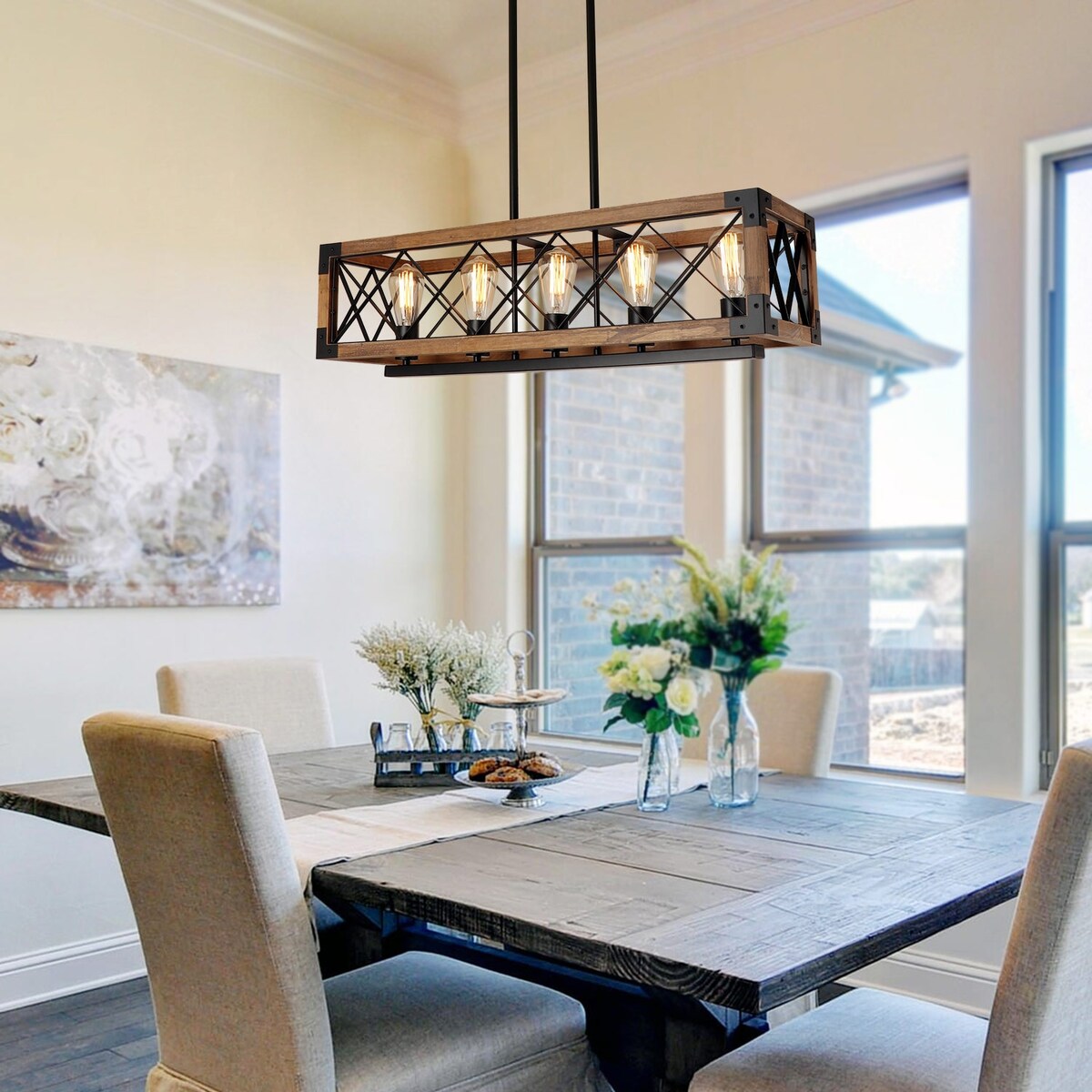 Lustre rectangulaire en bois à 5 lumières de style ferme moderne pour salle à manger - 31,6 L x 10 l x 7,8 H