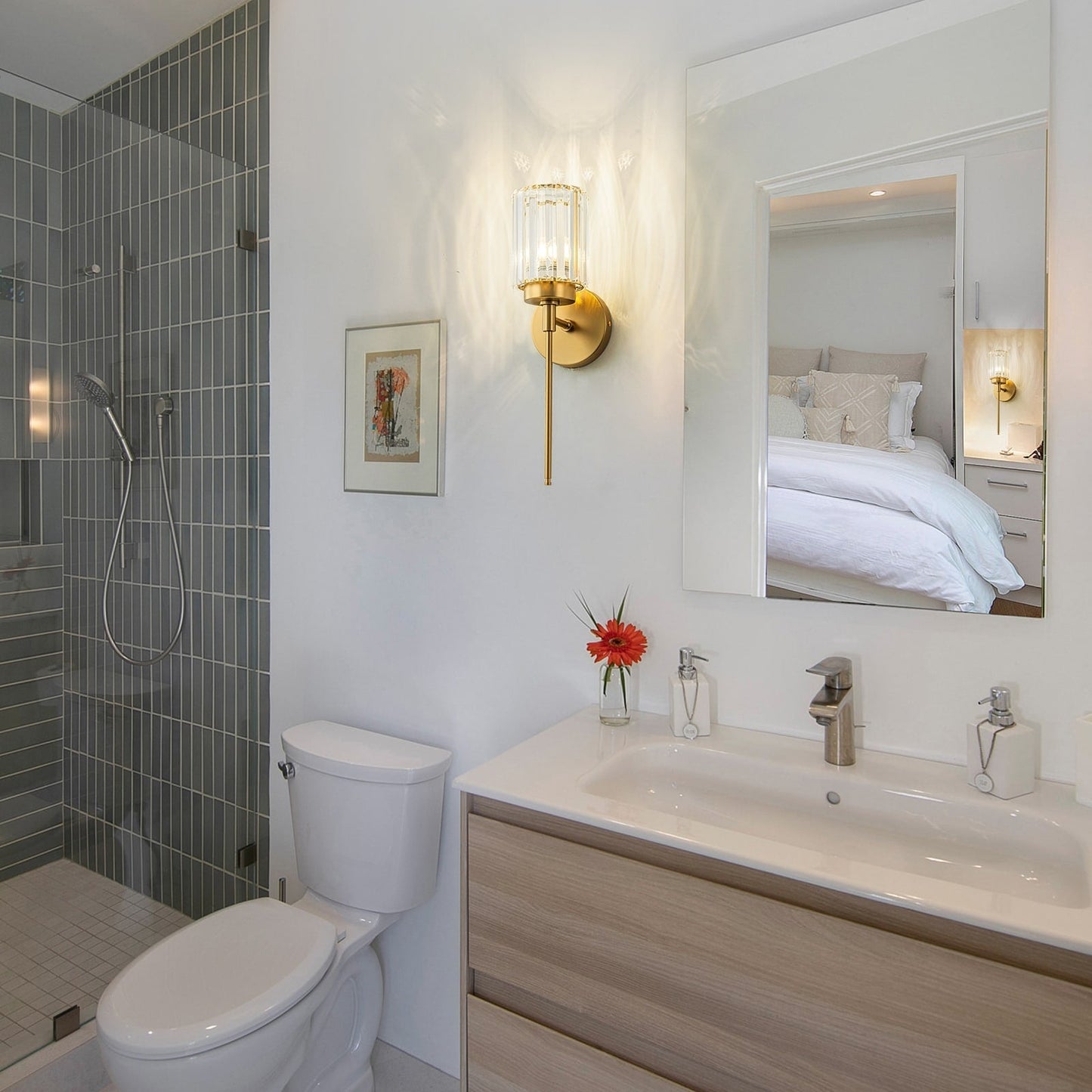 Applique murale moderne dorée à intensité variable, style cylindre glamour pour salle de bain, en cristal, pour meuble-lavabo