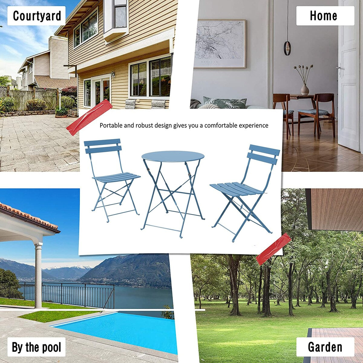 Ensemble bistrot pliant en métal 3 pièces, résistant aux intempéries, pour l'extérieur et l'intérieur, idéal pour la terrasse, la cour et le jardin.