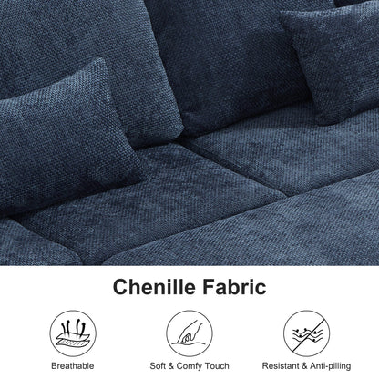 Canapé sectionnel moderne en chenille en forme de L avec canapé-lit gigogne, sièges de rangement, pouf et 2 oreillers pour le salon