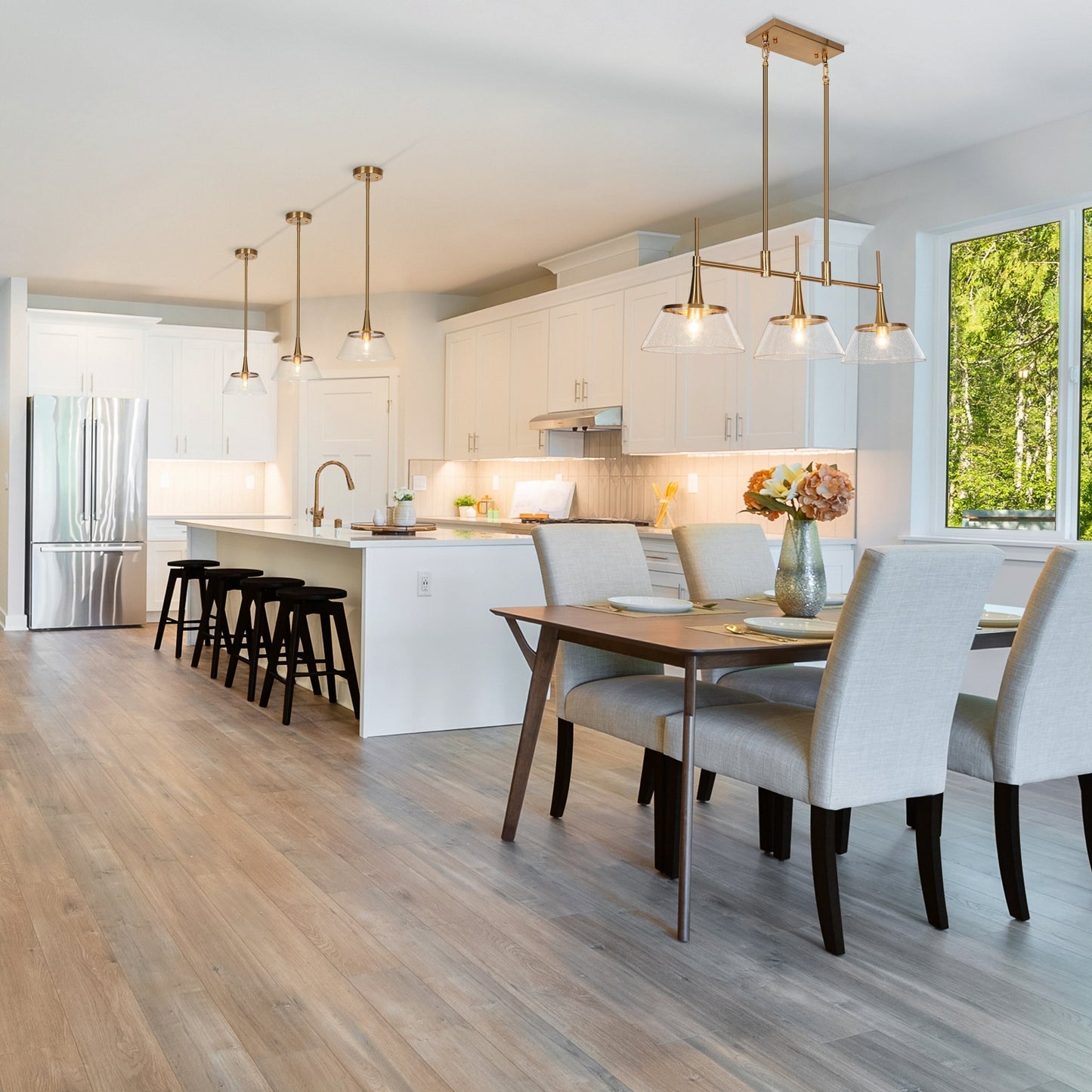 Lustre moderne Mola en verre grainé doré à 3 lumières, luminaire suspendu linéaire pour salle à manger