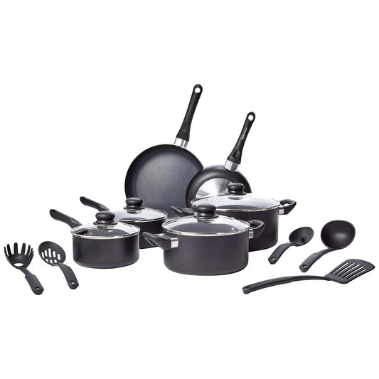 Batterie de cuisine antiadhésive 15 pièces, casseroles, poêles et ustensiles, noir