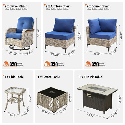 Ensemble de 9 chaises pivotantes d'extérieur en osier OVIOS avec table à feu