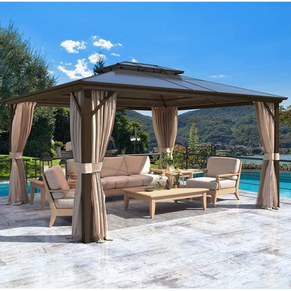 Gazebo à toit rigide EROMMY, pergola d'extérieur avec double toit, filet et rideaux, auvent robuste pour patio, arrière-cour, fête au bord de la piscine