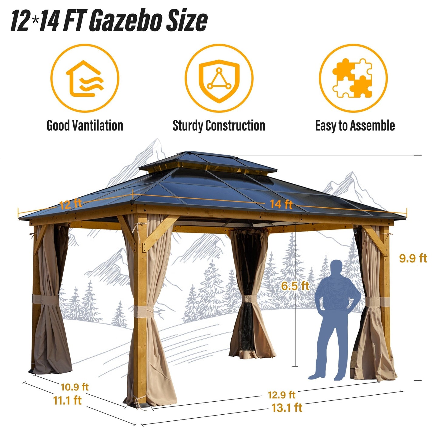 Gazebo à toit rigide EROMMY, pergola d'extérieur avec double toit, filet et rideaux, auvent robuste pour patio, arrière-cour, fête au bord de la piscine
