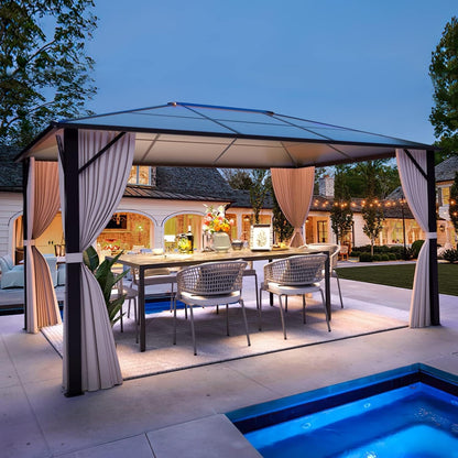 Tonnelle à toit rigide pour jardin – Pergola permanente avec filet, rideaux et double toit, abri extérieur toutes saisons