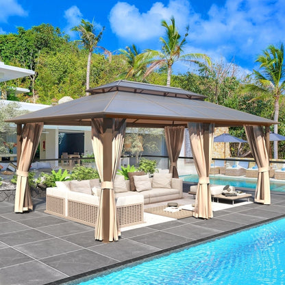 Tonnelle à toit rigide pour jardin – Pergola permanente avec filet, rideaux et double toit, abri extérieur toutes saisons