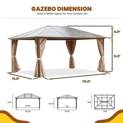 Tonnelle à toit rigide pour jardin – Pergola permanente avec filet, rideaux et double toit, abri extérieur toutes saisons