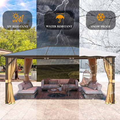 Tonnelle à toit rigide pour jardin – Pergola permanente avec filet, rideaux et double toit, abri extérieur toutes saisons