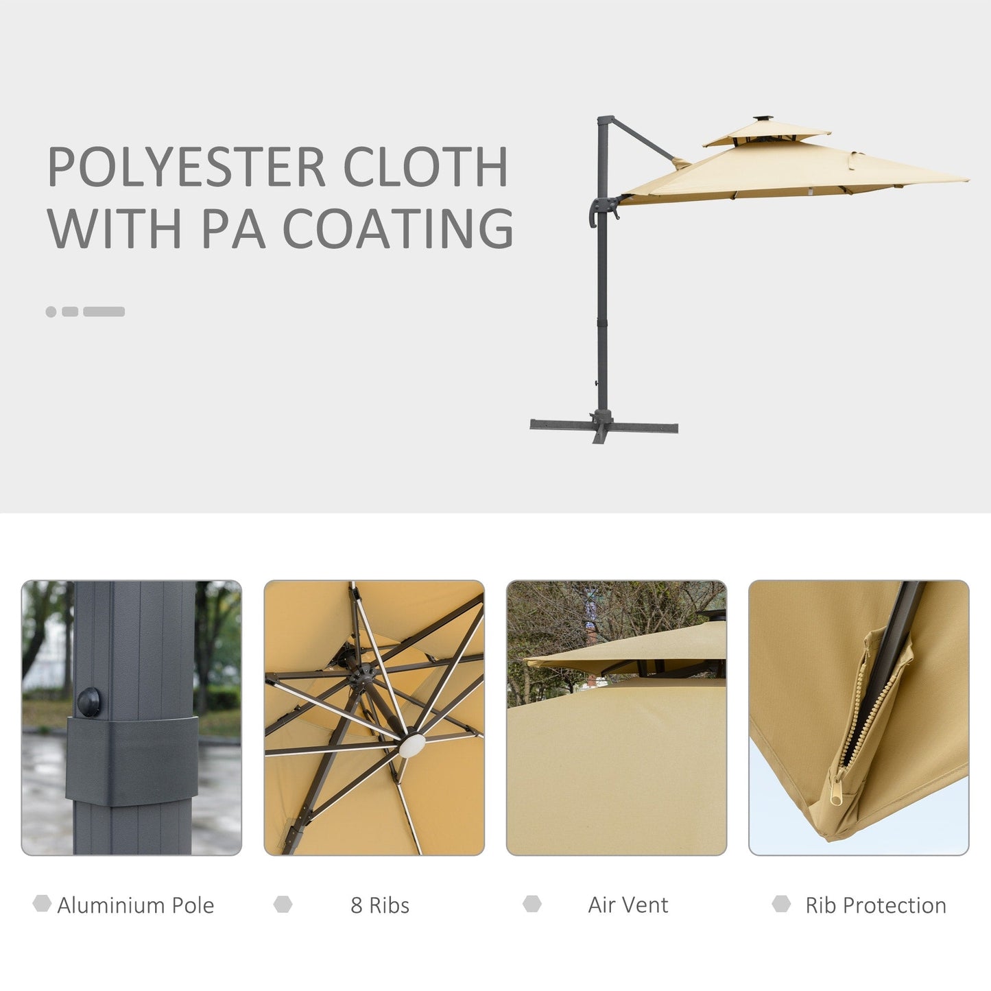 Parasol de terrasse solaire à LED Outsunny de 3 m, parasol suspendu décalé avec rotation à 360°, base croisée, 8 baleines, inclinaison et manivelle