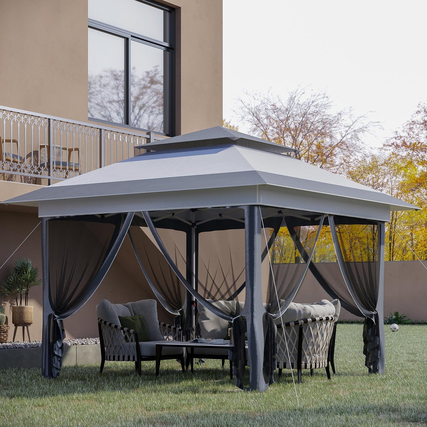 Outsunny 12' x 12' Pop Up Canopy Sun Shade Tente instantanée pliable avec filet latéral en maille, hauteur réglable sur 3 niveaux